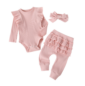 BRA-BabyGirls Clothes Solid Ruffles Romper Bodysuit + Floral Pant + Headband Outfits 