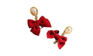 NEW Red bow pearl stud earrings 0237-la