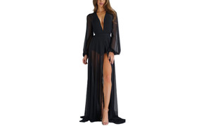 NEW Women's Sexy Long Sleeve Tie Front See Through Swimsuit Beach Maxi Cover Up Dress 0234 LA