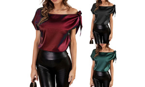 NEW Pullover bow neckline solid color OL commuter short-sleeved top  5101 