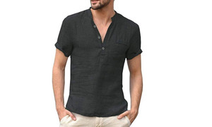 NEW  Men's T-Shirt Stand Collar Button Half Open Placket Simple Short Sleeve  5181