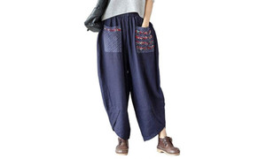 NEW Ethnic Patchwork Cotton Linen Wide Leg Pants Loose Ladies Pants 5197