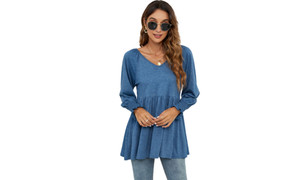 NEW women's v-neck puff long-sleeve tunic t-shirt  5497
