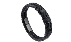 NEW Men's Braided Exquisite Titanium Leather Double Layer Stainless Steel Magnet Buckle Bracelet 5629
