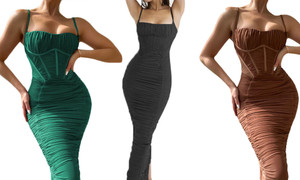 NEW Sexy open back tight waist pleated long skirt suspender dress 5655