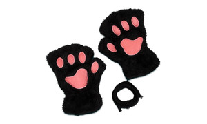 NEW Winter cute cartoon thickened fluffy cat paw half-finger gloves 5690