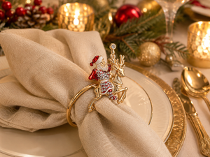 Set of 6 Gold Santa & Reindeer Christmas Napkin Rings 5877