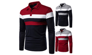 NEW Autumn three colors stitching fashion casual men's lapel long-sleeved polo shirt 5898