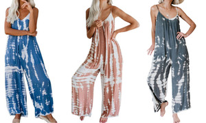 2302  NEW  Women's loose elastic sling tie-dyed printed jumpsuit 6303