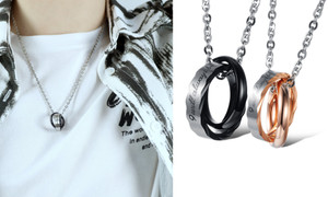 2303 NEW 2PC Double Ring Buckle Titanium Steel Couple Necklace 6637