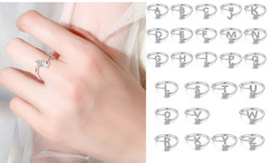 2304 NEW 26 English Letter Style Diamond Set Sterling Silver Ring with Adjustable Opening 6650