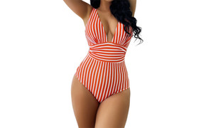 2304 NEW Striped waistband V-neck integrated swimsuit 6667