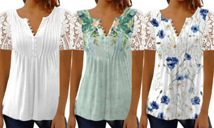 2304 NEW Lace sleeve pressed pleat printed button short sleeved t-shirt top 6668