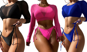 2304 NEW Solid mesh sexy long sleeved smock swimsuit bikini three piece set 6690
