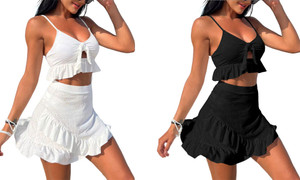 2304 NEW Solid Lace Split Swimsuit Wrap Hip Skirt Three Piece Set 6695