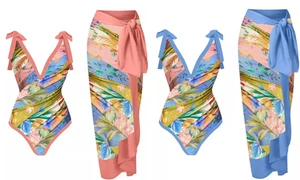 2304 NEW Printed One Piece Swimwear Bow Strap Chiffon Beach Skirt Wrap Skirt Two Piece Set 6698