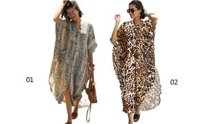 2304  NEW Leopard snake patterned bikini beach top loose pocket single breasted vacation dress 6825