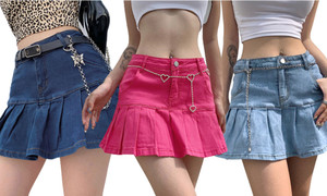2304  NEW Women's retro washed denim skirt with a high waisted slimming A-line pleated skirt 6848