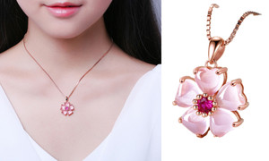 2305 NEW Sweet Peach Heart Pink Crystal Pendant Women's Necklace 7020 LA