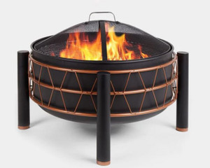 Round Firepit for Garden Patio, Poker, Lid, Black & Copper Steel Heater/Burner for Wood & Charcoal