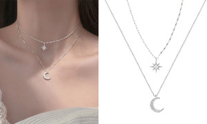 2305 NEW Sparkling Diamond Starlight Moon Double Layer Necklace Female Clavicle Chain 7069 LA