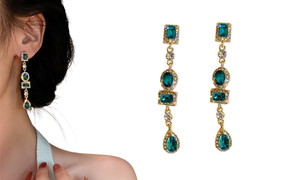 2305 NEW 925 Silver Needle Geometric Green Earrings Long Style 7115LA