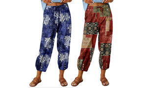 2305 NEW Cotton and linen women's high waisted drawstring cropped pants with cuffs and vintage printed pants 7158LA