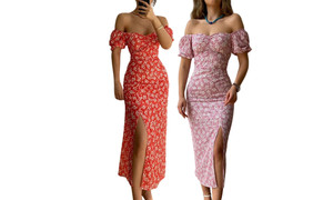 2306 NEW Commuter Off Shoulder Blue Flower Split Waist Dress 7196LA