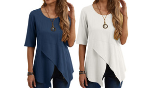 2306 NEW Round neck short sleeved cotton linen top with a slit hem 7339LA