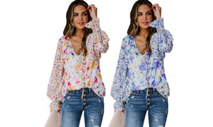 2306 NEW Chiffon cardigan loose floral pattern lantern sleeve top for women 7443LA