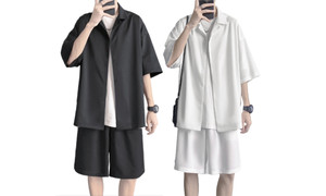 2307 NEW Summer shirt men's two-piece ice silk short sleeved set 7375