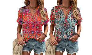 2307 NEW Women's printed two button short sleeved top 7537LA
