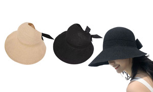 2307 NEW Summer woven foldable top hat with a bow and hollowed out sun hat 7540
