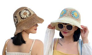 2307 NEW Summer sun shading and sunscreen straw flower patchwork sun hat Bucket hat 7543LA