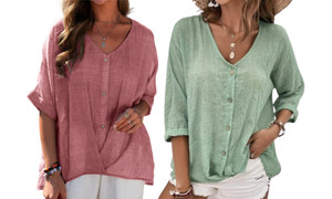 2308 NEW Women's V-neck button cotton and linen cardigan shirt 7915LA