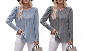 2308 NEW Women's round neck bubble pit stripe long sleeved T-shirt 7942LA