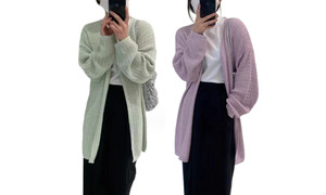 2308 NEWMedium length solid color hollowed out knit cardigan jacket 7943LA