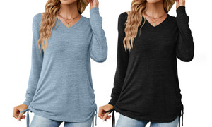 2308 NEW Autumn and Winter Women's Long sleeved V-neck with both sides pleated loose T-shirt top 7947LA