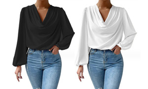2308 NEW Women's chiffon long sleeved loose pleated V-neck top 7998LA