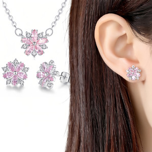 2309 NEW Pink cherry blossom zircon earrings necklace set 8160 la