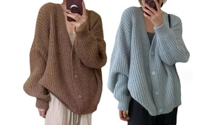 2309 NEW Autumn and Winter V-neck Knitted Cardigan Women's Thick Needle Sweater Loose Coat Solid Lazy Style Outwear 8174 la