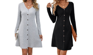 2311 NEW Women's Fashion Button Waist Long Sleeve Dress 8284la