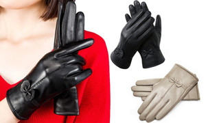 2312 NEW Genuine leather gloves, winter women's bow, solid color warm gloves 8344LA