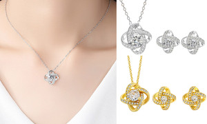 2404 Eternal Heart Full Diamond Zircon Spinning Lucky Clover Earrings Necklace Set 8422LA