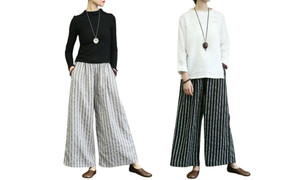 2405 Retro cotton and linen striped wide leg pants for women to look slim and drape, casual straight leg cropped pants for summer 8454LA