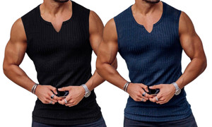 2406 NEW 2PC Summer Men's Knitted Vertical Stripe Fitness Sports Slim Fit V-neck Tank Top 8804LA
