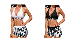2406 NEW Bikini striped boxer shorts with hanging neck split swimsuit set LA8651