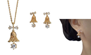 2407 NEW Christmas Golden Bow Bell Earrings Necklace Set LA8659
