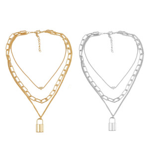 2408 NEW 3-Row Thick Chain Necklace Lock Pendant Necklace 8826LA