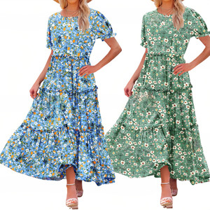 NEW  2505  Summer Casual Bohemian Floral Dresses for Women Puff Short Sleeve Long Maxi Dress   9639